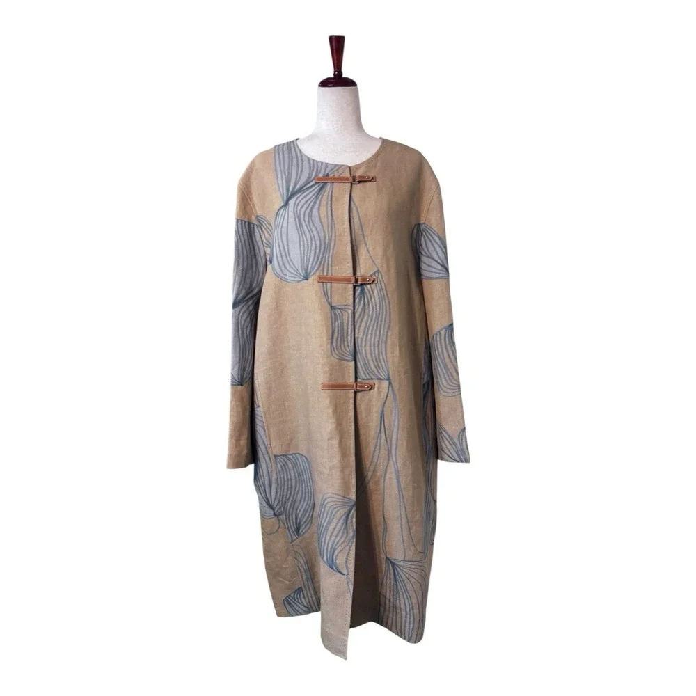 NWOT Lafayette 148 100% Linen Jacket 2XL Blue Khaki Brown $1,498 Leather Straps - Picture 2 of 9